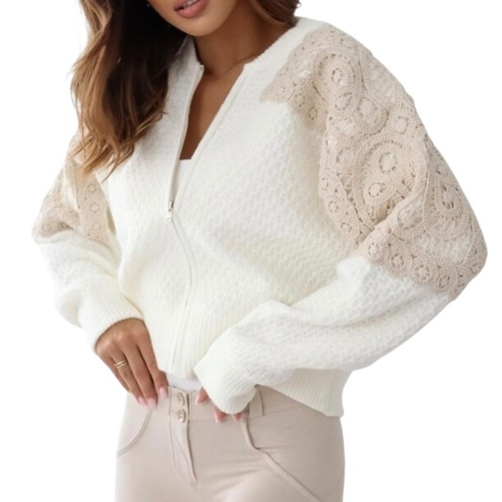 Original USA Ivory Honeycomb Knit Bomber Cardigan Crochet L XL